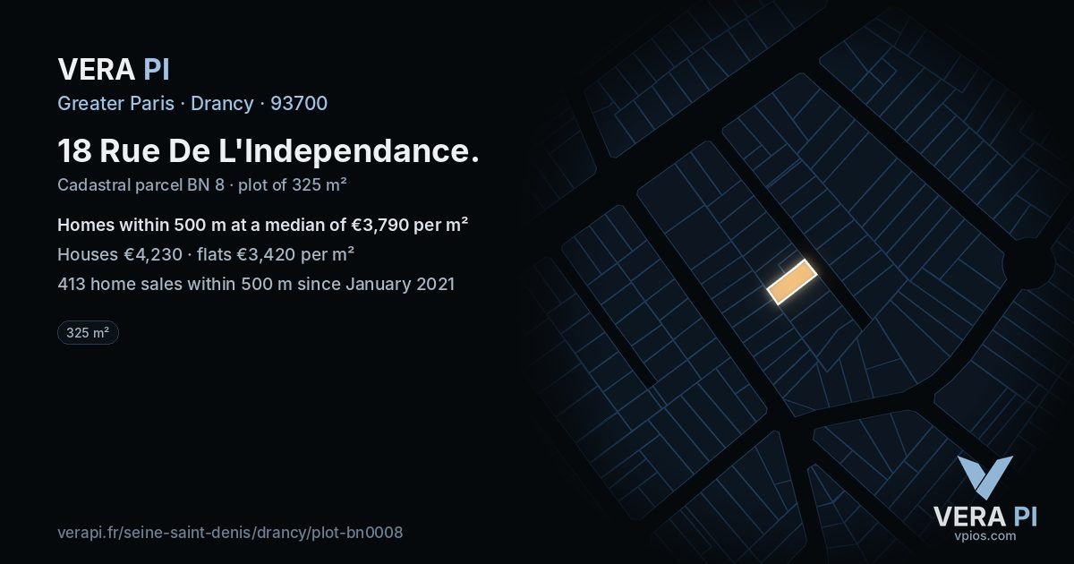 18 Rue De L'Independance, Drancy at night – the plot lit, the parcels around coloured by the prices near them