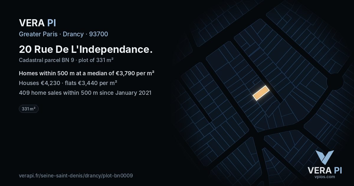20 Rue De L'Independance, Drancy at night – the plot lit, the parcels around coloured by the prices near them