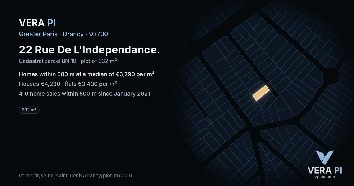22 Rue De L'Independance, Drancy at night – the plot lit, the parcels around coloured by the prices near them