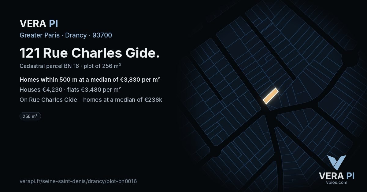 121 Rue Charles Gide, Drancy at night – the plot lit, the parcels around coloured by the prices near them