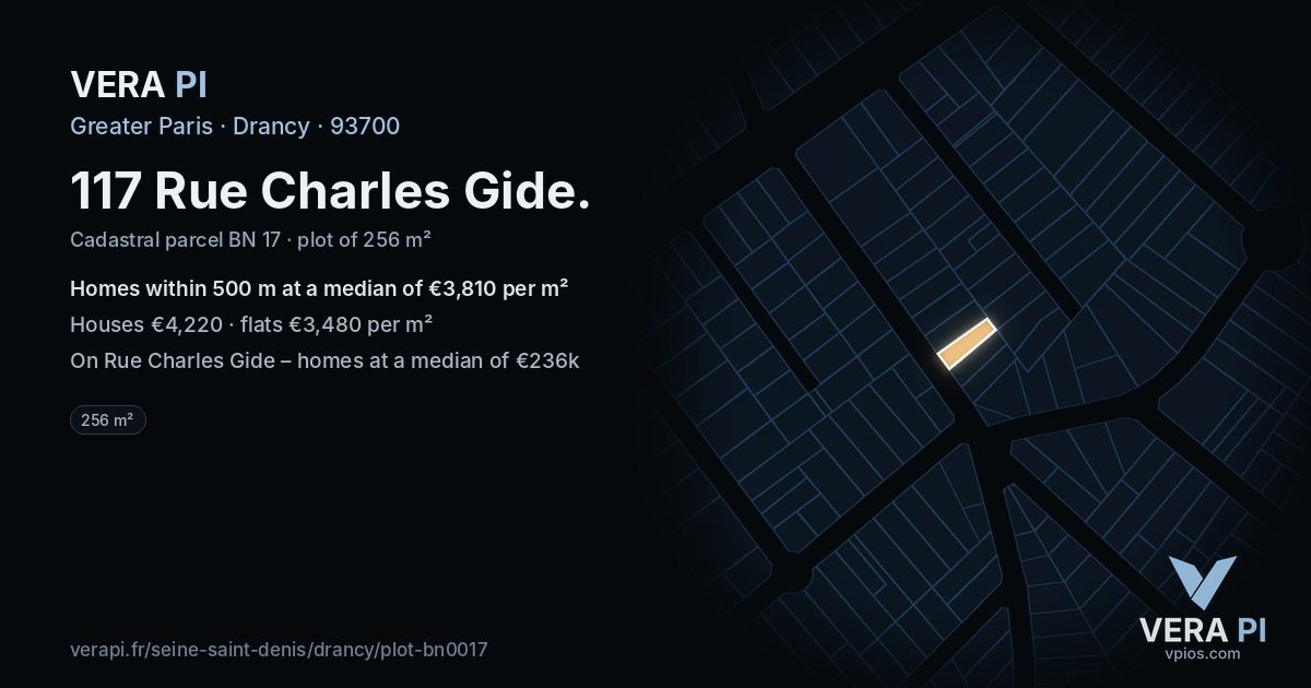 117 Rue Charles Gide, Drancy at night – the plot lit, the parcels around coloured by the prices near them