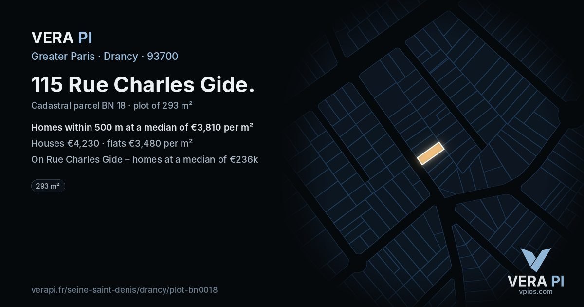 115 Rue Charles Gide, Drancy at night – the plot lit, the parcels around coloured by the prices near them