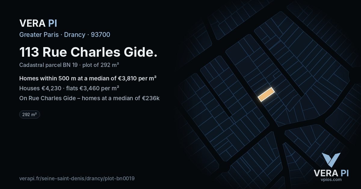 113 Rue Charles Gide, Drancy at night – the plot lit, the parcels around coloured by the prices near them