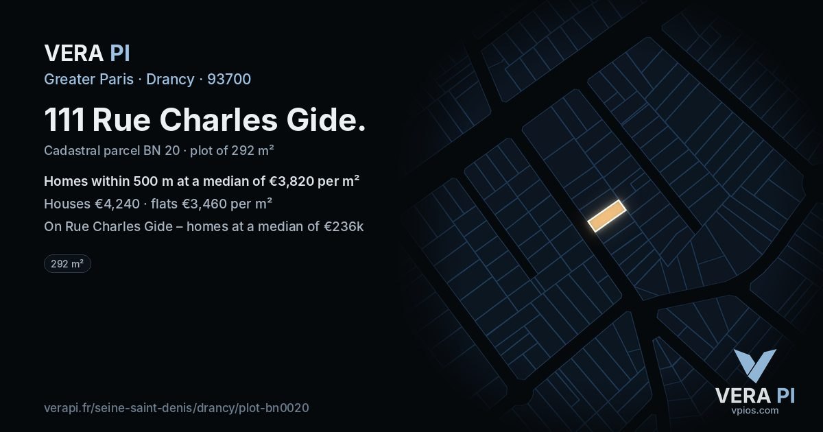 111 Rue Charles Gide, Drancy at night – the plot lit, the parcels around coloured by the prices near them