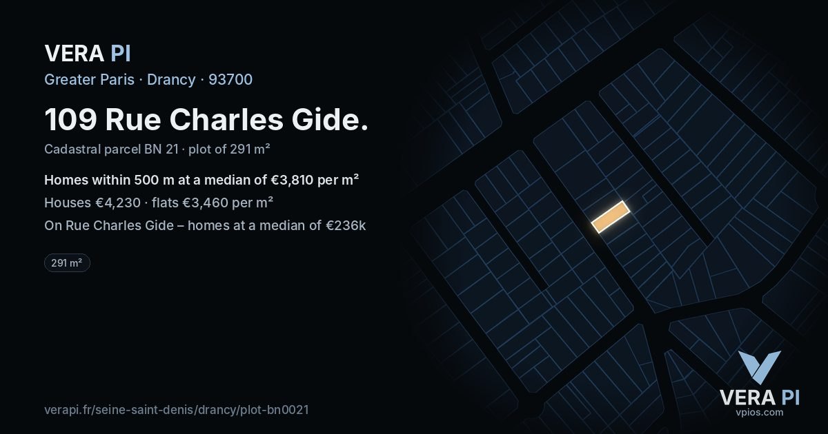 109 Rue Charles Gide, Drancy at night – the plot lit, the parcels around coloured by the prices near them