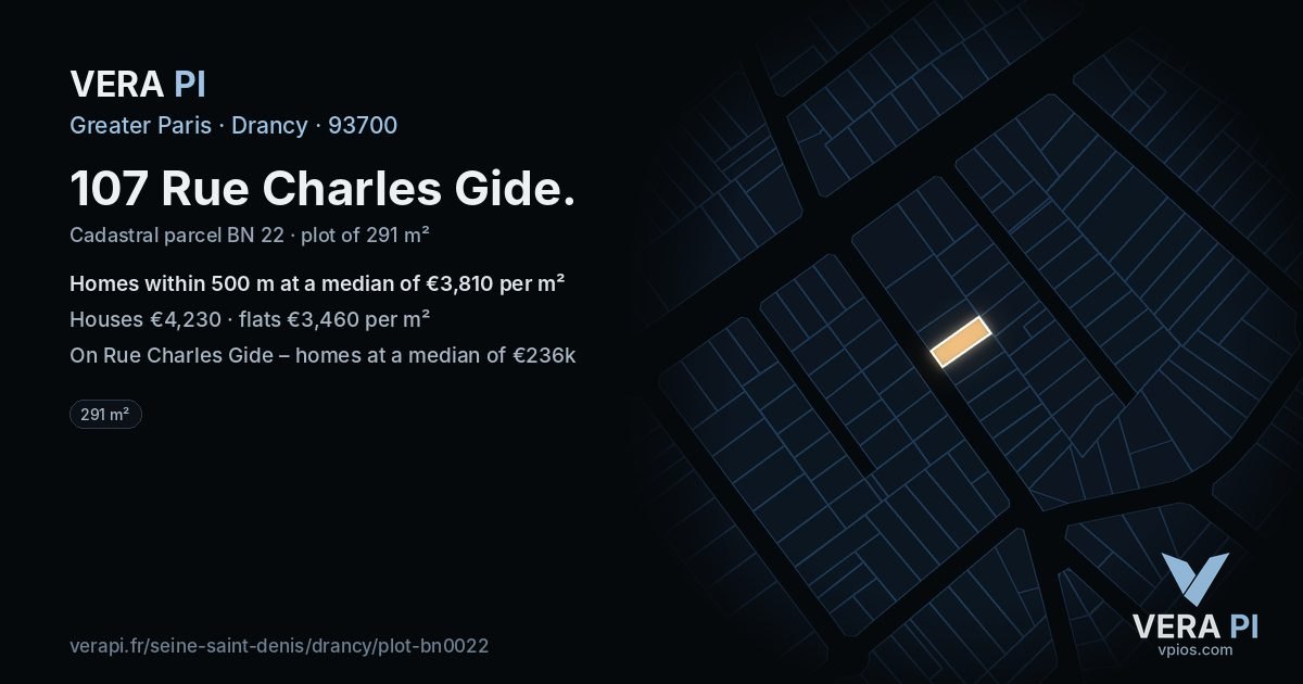 107 Rue Charles Gide, Drancy at night – the plot lit, the parcels around coloured by the prices near them