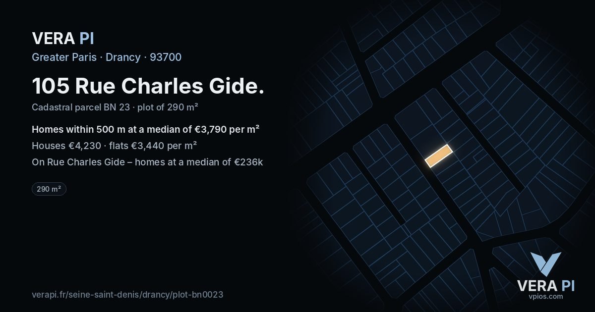 105 Rue Charles Gide, Drancy at night – the plot lit, the parcels around coloured by the prices near them