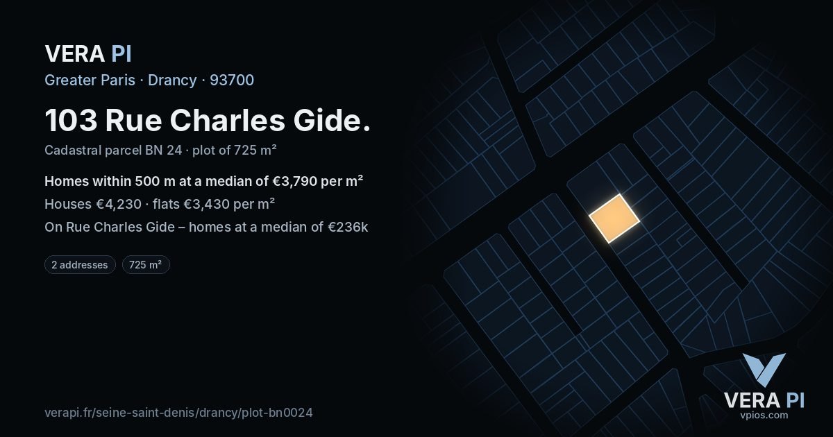 103 Rue Charles Gide, Drancy at night – the plot lit, the parcels around coloured by the prices near them