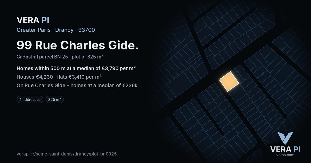 99 Rue Charles Gide, Drancy at night – the plot lit, the parcels around coloured by the prices near them