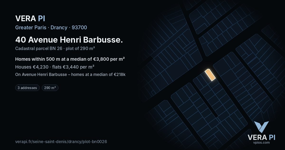 40 Avenue Henri Barbusse, Drancy at night – the plot lit, the parcels around coloured by the prices near them