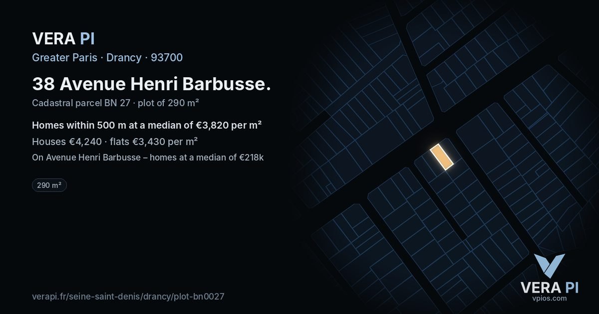 38 Avenue Henri Barbusse, Drancy at night – the plot lit, the parcels around coloured by the prices near them
