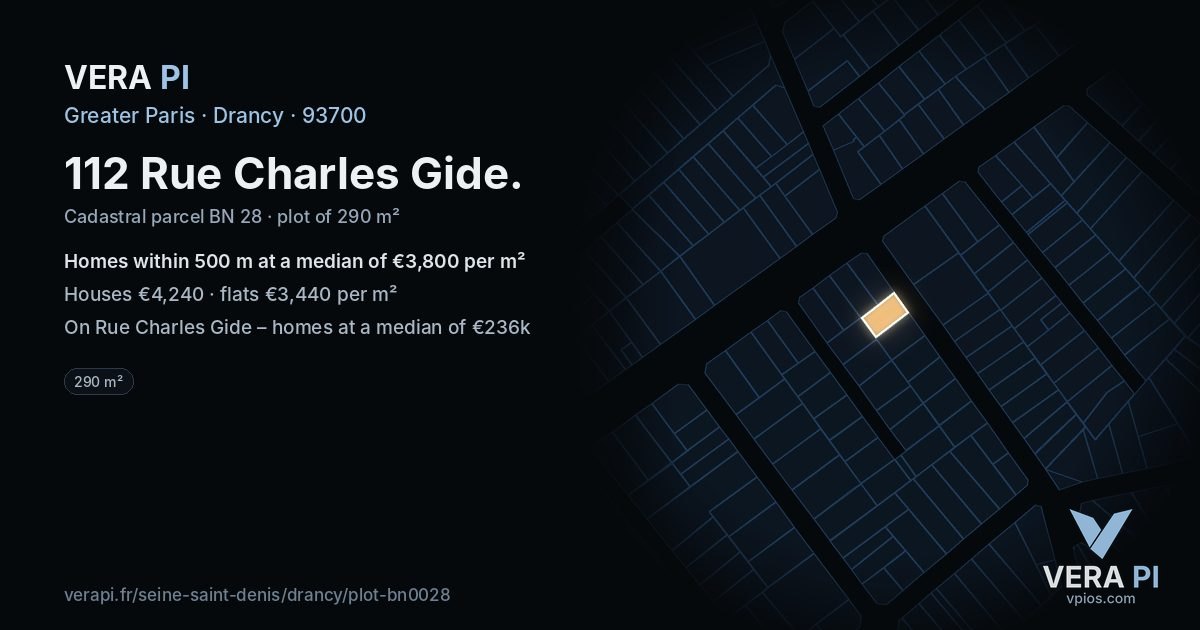 112 Rue Charles Gide, Drancy at night – the plot lit, the parcels around coloured by the prices near them