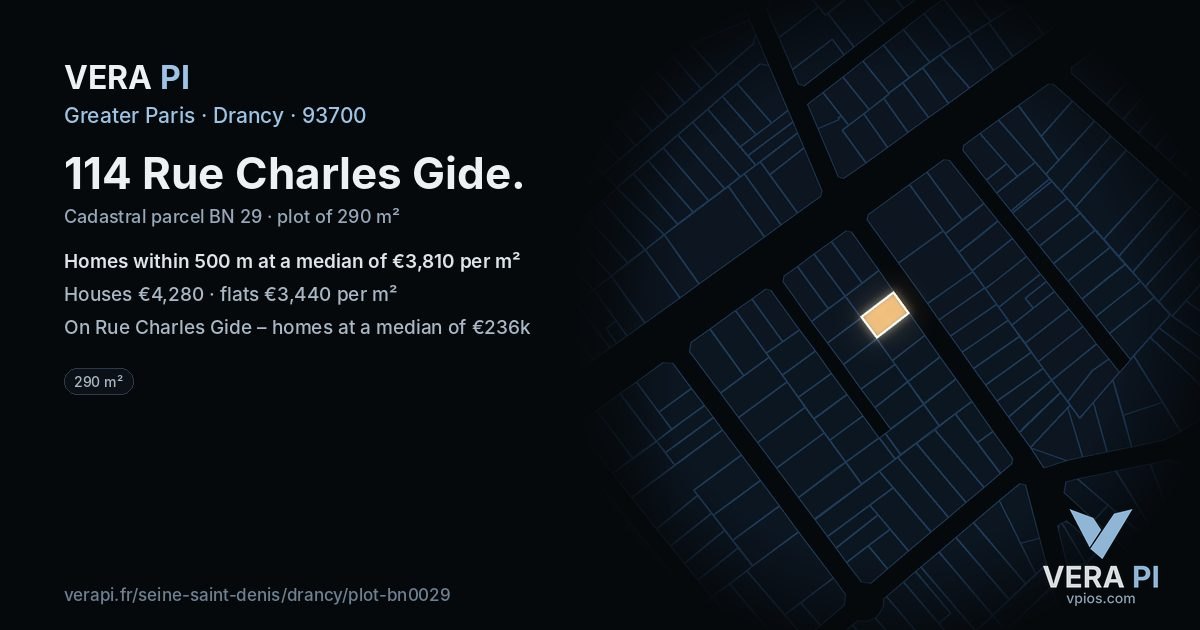 114 Rue Charles Gide, Drancy at night – the plot lit, the parcels around coloured by the prices near them