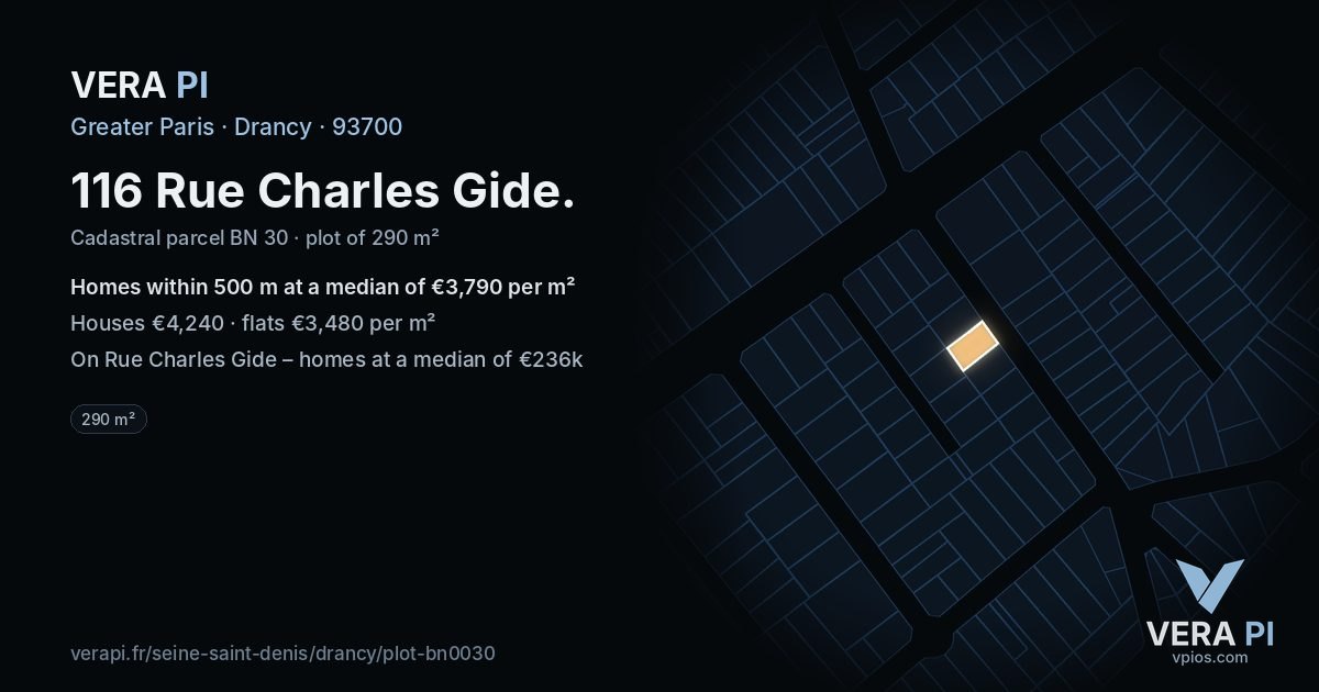 116 Rue Charles Gide, Drancy at night – the plot lit, the parcels around coloured by the prices near them