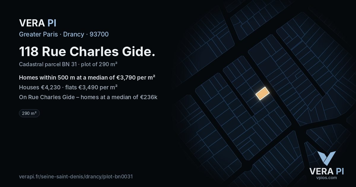 118 Rue Charles Gide, Drancy at night – the plot lit, the parcels around coloured by the prices near them