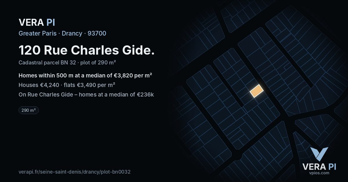 120 Rue Charles Gide, Drancy at night – the plot lit, the parcels around coloured by the prices near them