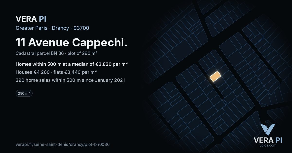 11 Avenue Cappechi, Drancy at night – the plot lit, the parcels around coloured by the prices near them