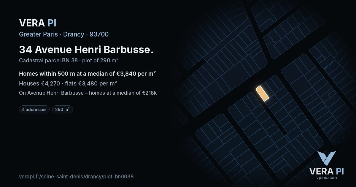 34 Avenue Henri Barbusse, Drancy at night – the plot lit, the parcels around coloured by the prices near them