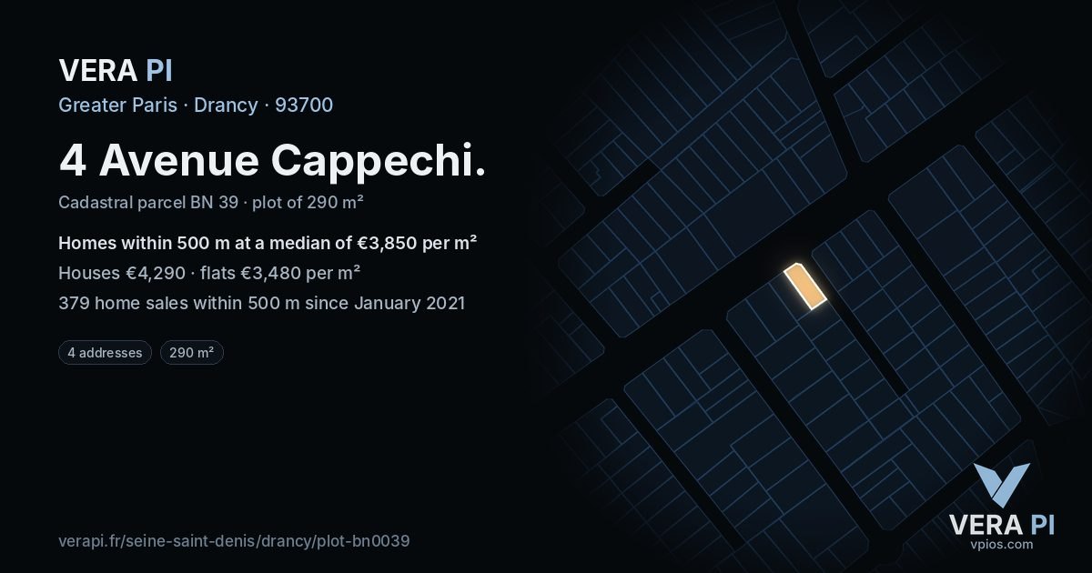 4 Avenue Cappechi, Drancy at night – the plot lit, the parcels around coloured by the prices near them