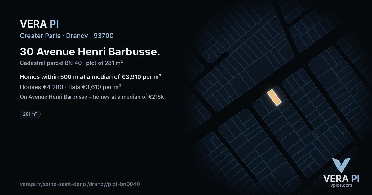 30 Avenue Henri Barbusse, Drancy at night – the plot lit, the parcels around coloured by the prices near them