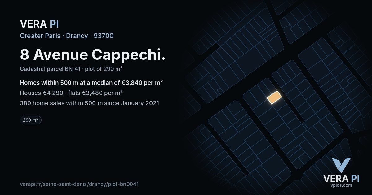 8 Avenue Cappechi, Drancy at night – the plot lit, the parcels around coloured by the prices near them
