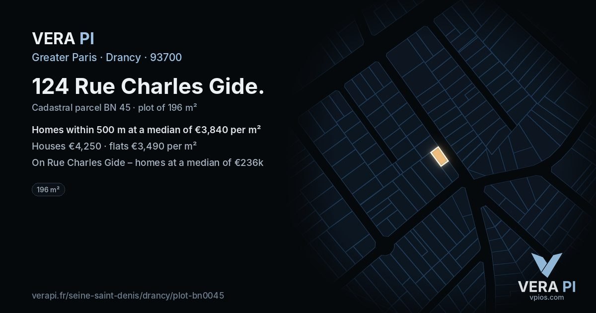 124 Rue Charles Gide, Drancy at night – the plot lit, the parcels around coloured by the prices near them
