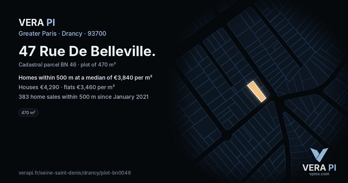 47 Rue De Belleville, Drancy at night – the plot lit, the parcels around coloured by the prices near them