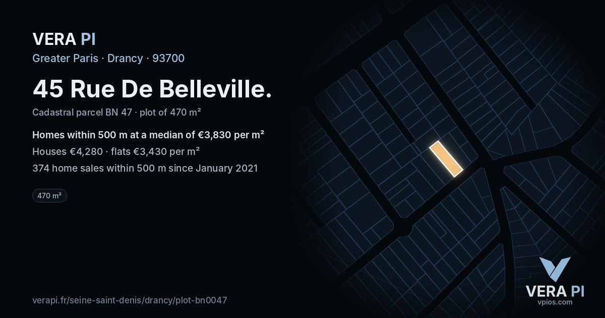 45 Rue De Belleville, Drancy at night – the plot lit, the parcels around coloured by the prices near them