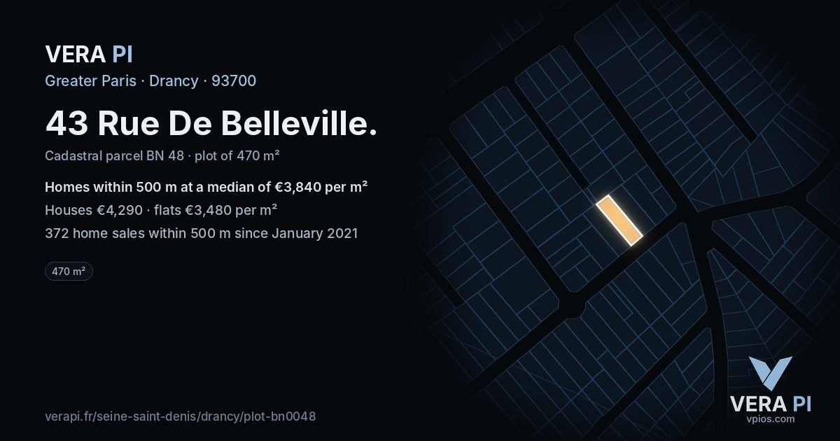 43 Rue De Belleville, Drancy at night – the plot lit, the parcels around coloured by the prices near them