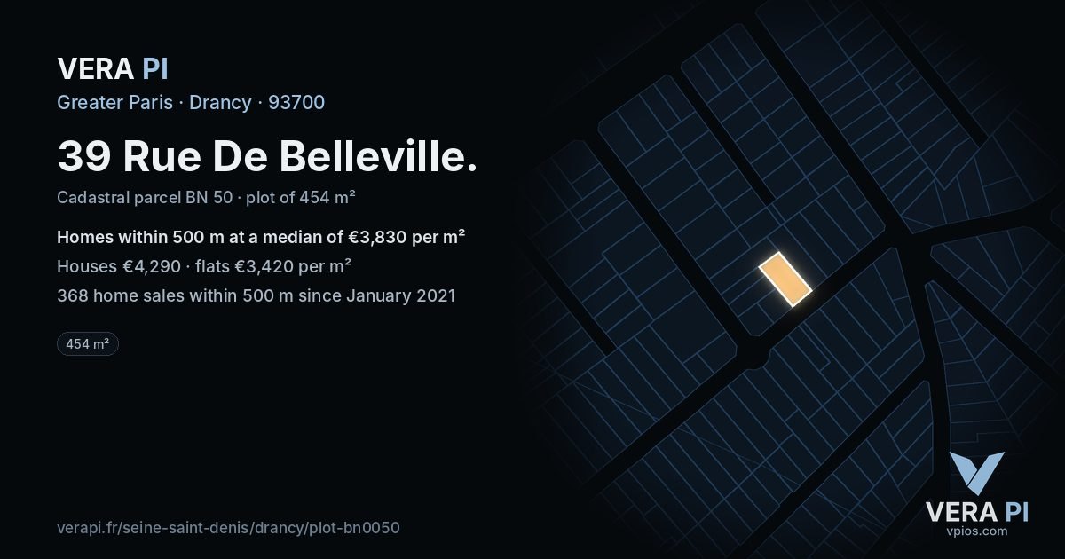 39 Rue De Belleville, Drancy at night – the plot lit, the parcels around coloured by the prices near them
