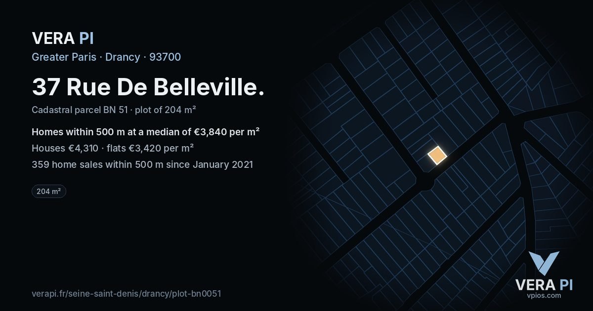37 Rue De Belleville, Drancy at night – the plot lit, the parcels around coloured by the prices near them
