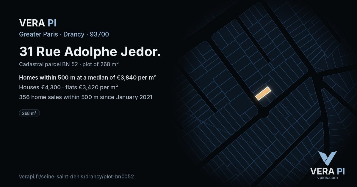 31 Rue Adolphe Jedor, Drancy at night – the plot lit, the parcels around coloured by the prices near them