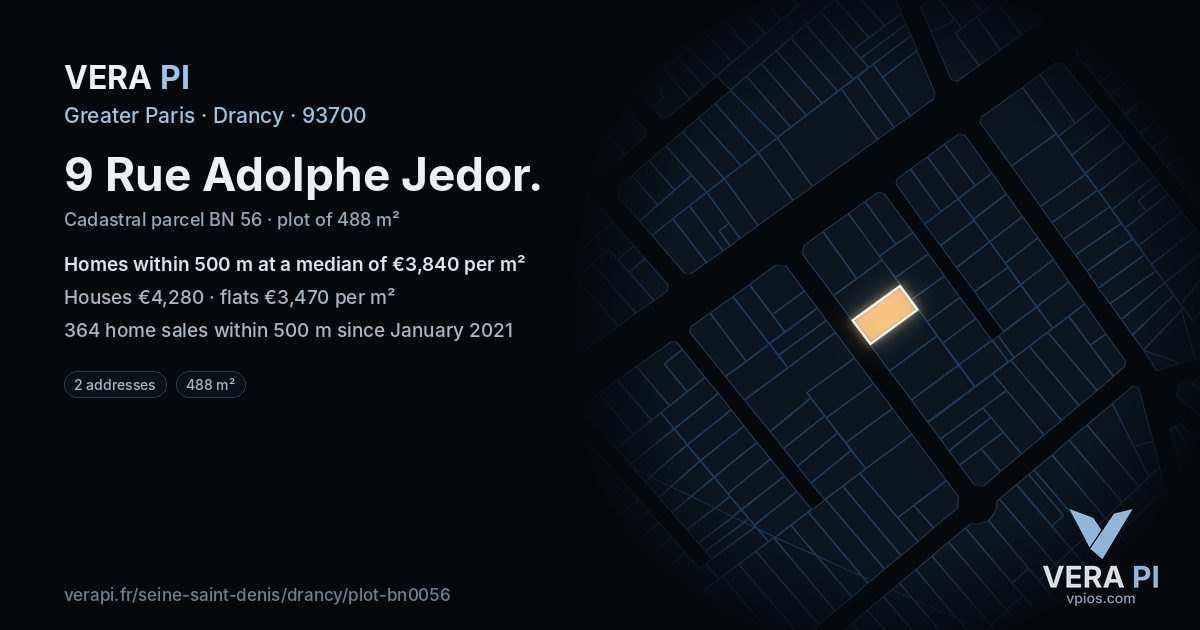 9 Rue Adolphe Jedor, Drancy at night – the plot lit, the parcels around coloured by the prices near them