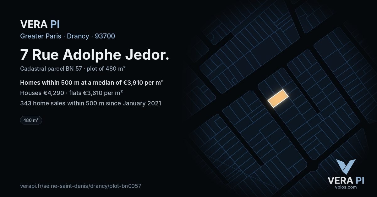 7 Rue Adolphe Jedor, Drancy at night – the plot lit, the parcels around coloured by the prices near them