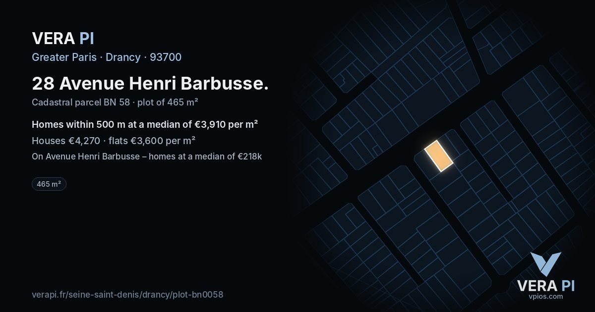 28 Avenue Henri Barbusse, Drancy at night – the plot lit, the parcels around coloured by the prices near them