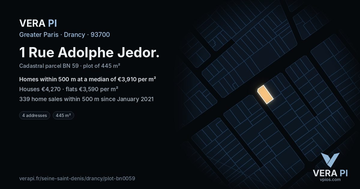 1 Rue Adolphe Jedor, Drancy at night – the plot lit, the parcels around coloured by the prices near them