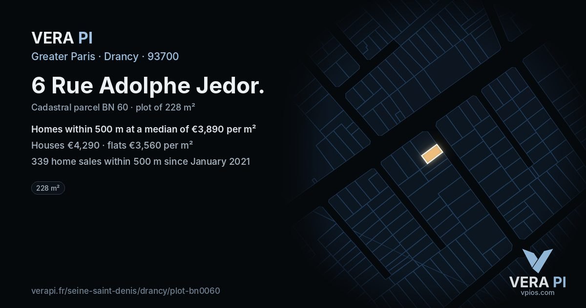 6 Rue Adolphe Jedor, Drancy at night – the plot lit, the parcels around coloured by the prices near them