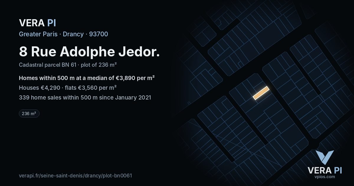 8 Rue Adolphe Jedor, Drancy at night – the plot lit, the parcels around coloured by the prices near them
