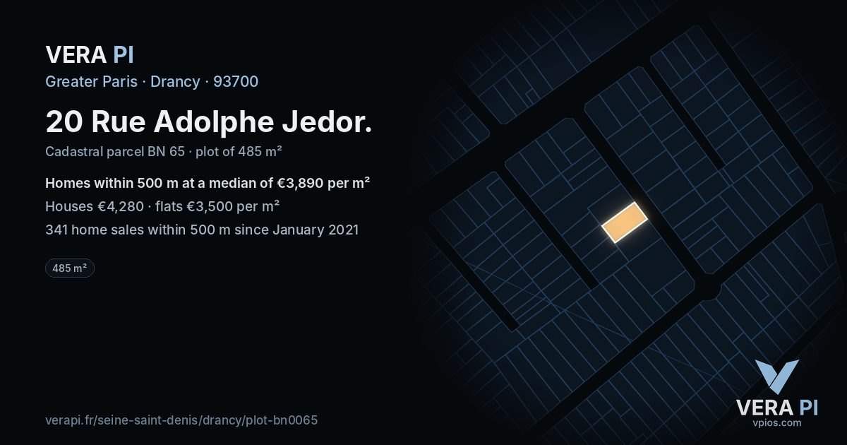 20 Rue Adolphe Jedor, Drancy at night – the plot lit, the parcels around coloured by the prices near them