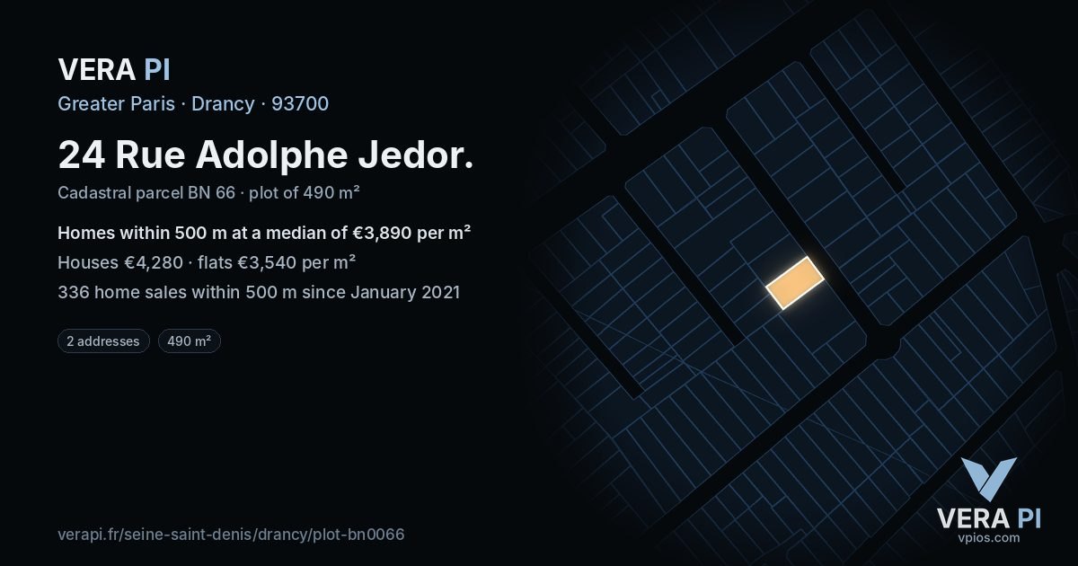 24 Rue Adolphe Jedor, Drancy at night – the plot lit, the parcels around coloured by the prices near them
