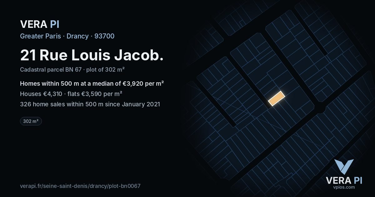 21 Rue Louis Jacob, Drancy at night – the plot lit, the parcels around coloured by the prices near them