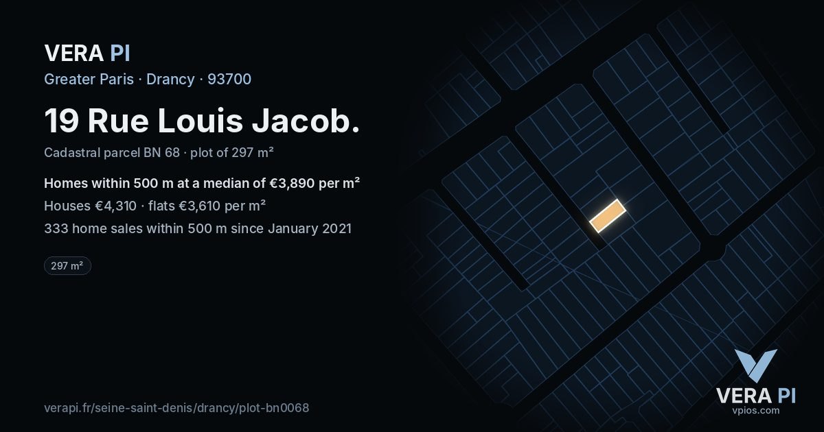 19 Rue Louis Jacob, Drancy at night – the plot lit, the parcels around coloured by the prices near them