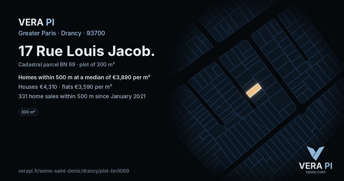 17 Rue Louis Jacob, Drancy at night – the plot lit, the parcels around coloured by the prices near them
