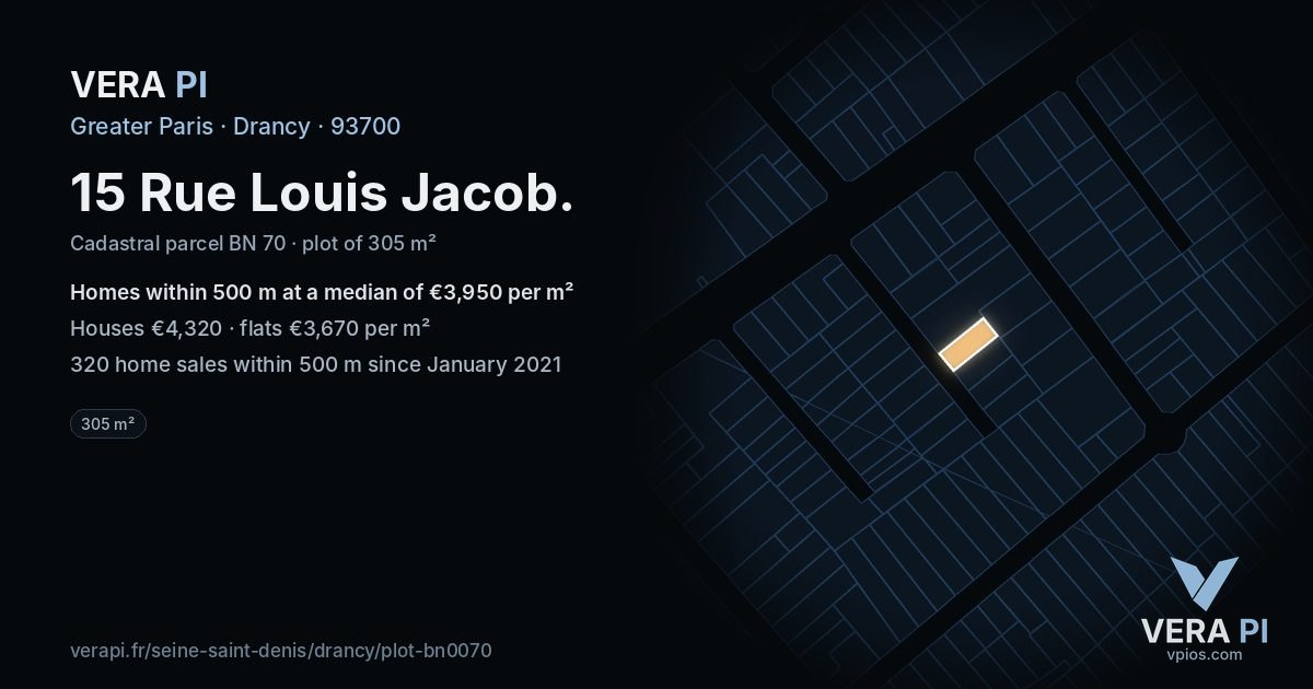 15 Rue Louis Jacob, Drancy at night – the plot lit, the parcels around coloured by the prices near them