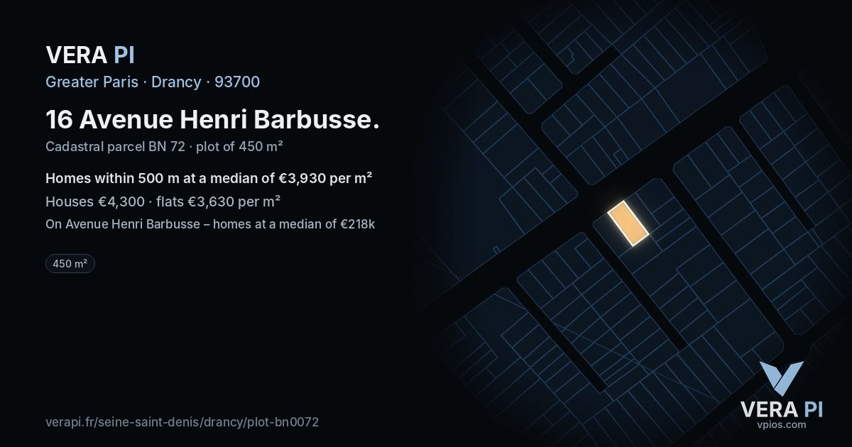 16 Avenue Henri Barbusse, Drancy at night – the plot lit, the parcels around coloured by the prices near them