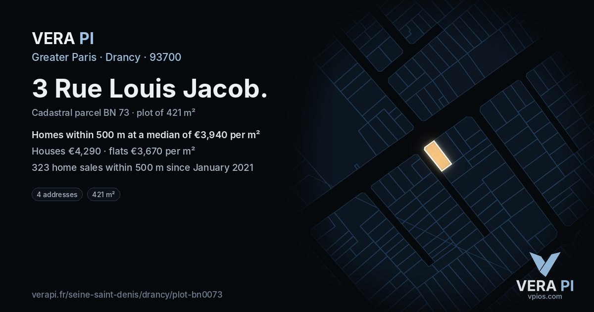 3 Rue Louis Jacob, Drancy at night – the plot lit, the parcels around coloured by the prices near them