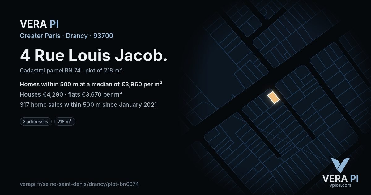4 Rue Louis Jacob, Drancy at night – the plot lit, the parcels around coloured by the prices near them