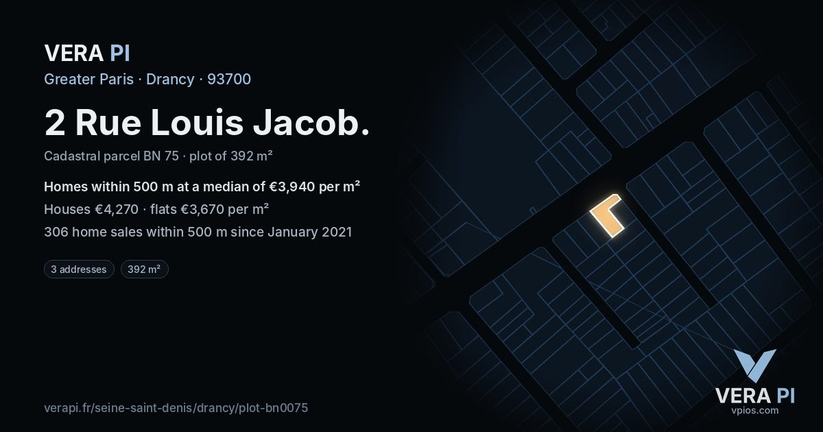 2 Rue Louis Jacob, Drancy at night – the plot lit, the parcels around coloured by the prices near them