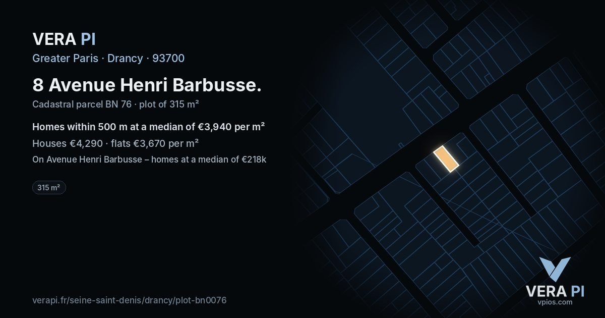 8 Avenue Henri Barbusse, Drancy at night – the plot lit, the parcels around coloured by the prices near them
