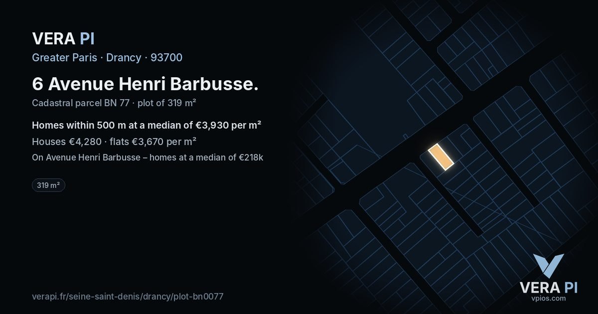 6 Avenue Henri Barbusse, Drancy at night – the plot lit, the parcels around coloured by the prices near them